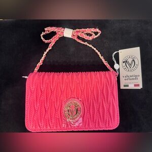 NWT Valentino Orlandi Vibrant Pink Crossbody Bag Vegan Leather w Gold Hardware